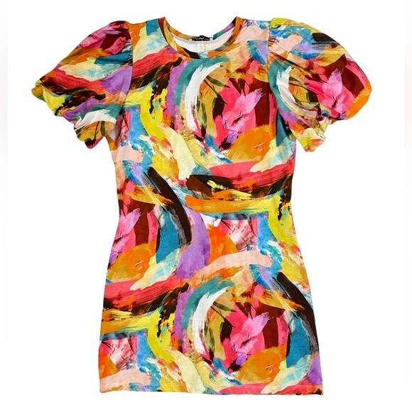 Willa Story Dresses & Skirts - Willa Story Colorful Abstract Brushstroke Puff Sleeve Dress Size Medium